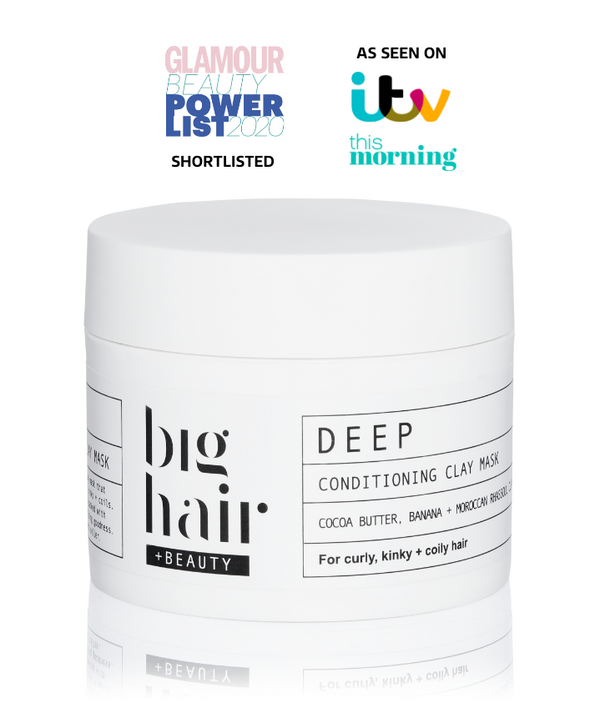 Image shows DEEP Conditioning Clay Mask by Big Hair + Beauty in the 100ml size. It has a press logo for the Glamour Beauty Power List 2020 that we were shortlisted for. It also has an 'As Seen On ITV's This Morning' badge.