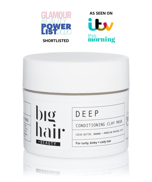 Image shows DEEP Conditioning Clay Mask by Big Hair + Beauty in the 250ml size. It has a press logo for the Glamour Beauty Power List 2020 that we were shortlisted for. It also has an 'As Seen On ITV's This Morning' badge.