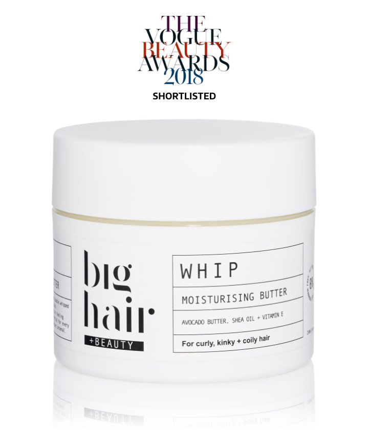 Image shows product image of WHIP Moisturising Butter by Big Hair + Beauty in the 100ml size. It has a press logo for the Vogue Beauty Awards 2018 that we were shortlisted for. 